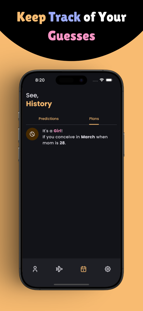 Beby: Predict and Plan - A smartphone screen showing the history of baby gender planning and predictions within the Beby app.