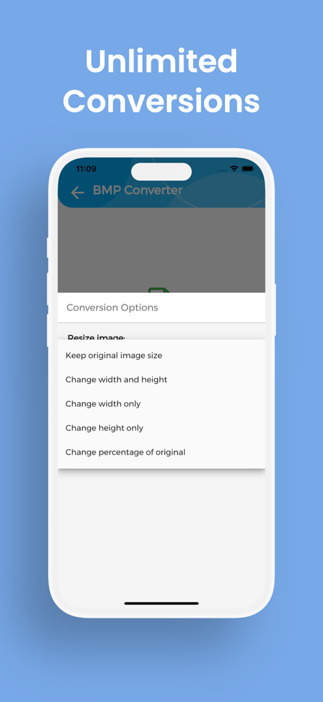 BMP Converter, BMP to PDF - Uma interface móvel mostrando opções de redimensionamento e conversão de imagem no aplicativo Conversor BMP.
