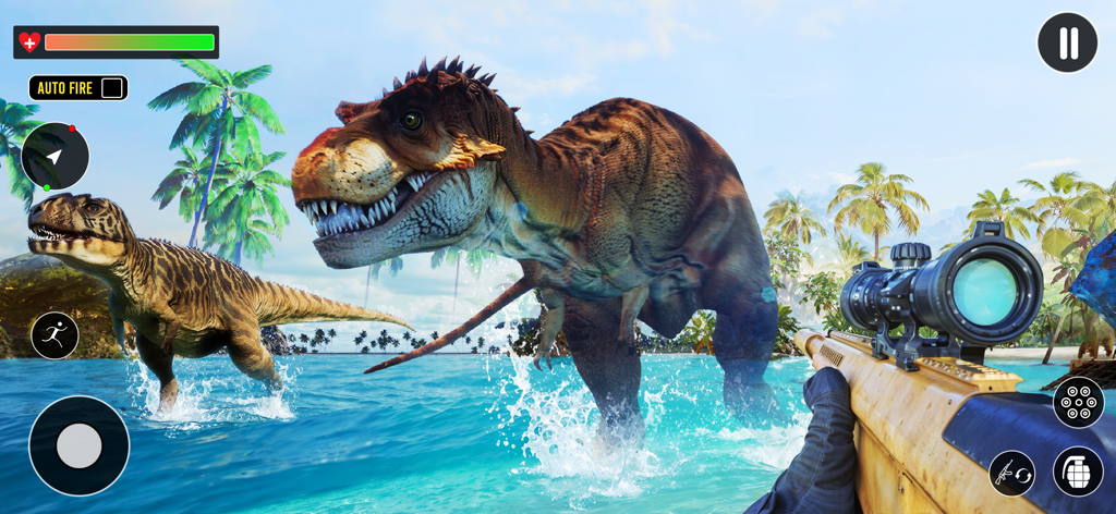 Francotirador apuntando a dinosaurios en una playa de una isla tropical