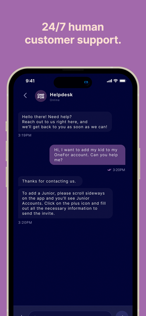 OneFor Money App - Screenshot of OneFor Money App live chat showing 24/7 human customer support helping a user set up a Junior account.