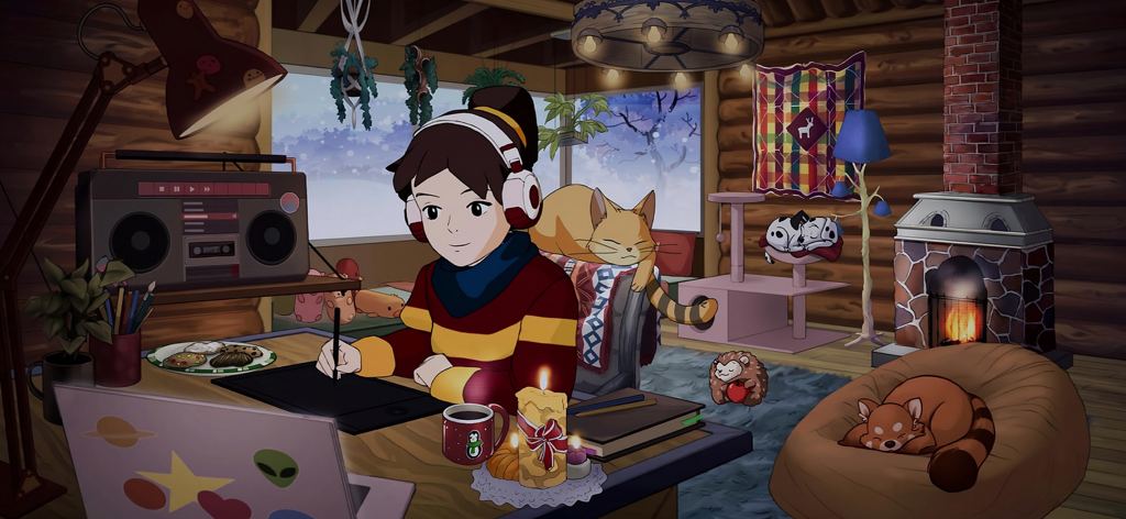 Comfy Girl - Cute & Aesthetic - A girl wearing headphones drawing at a desk in a cozy room with cute pets and a fireplace