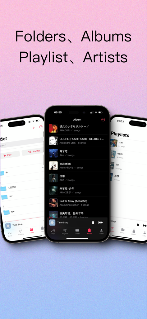 One Player - offline music - Three iPhone screens displaying One Player app views for folders, albums, and playlists organization