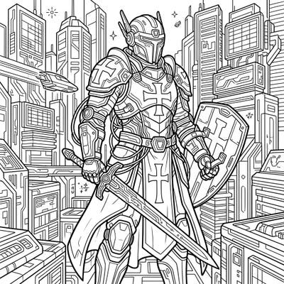 Journey into a thrilling fusion of history and future with this unique coloring page, featuring a majestic Knights Templar warrior reimagined in a striking cyberpunk aesthetic. Dive into a world of intricate details, high-tech armor, and a sprawling futuristic cityscape awaiting your creative touch.