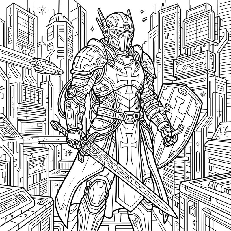 Journey into a thrilling fusion of history and future with this unique coloring page, featuring a majestic Knights Templar warrior reimagined in a striking cyberpunk aesthetic. Dive into a world of intricate details, high-tech armor, and a sprawling futuristic cityscape awaiting your creative touch.