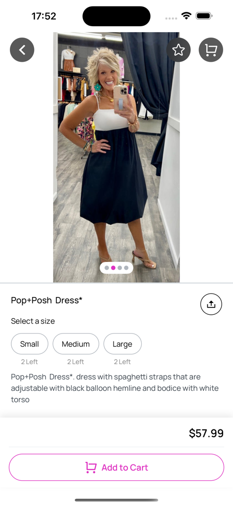 Benny's - Product page for a black and white boutique dress on the Bennys mobile shopping app.