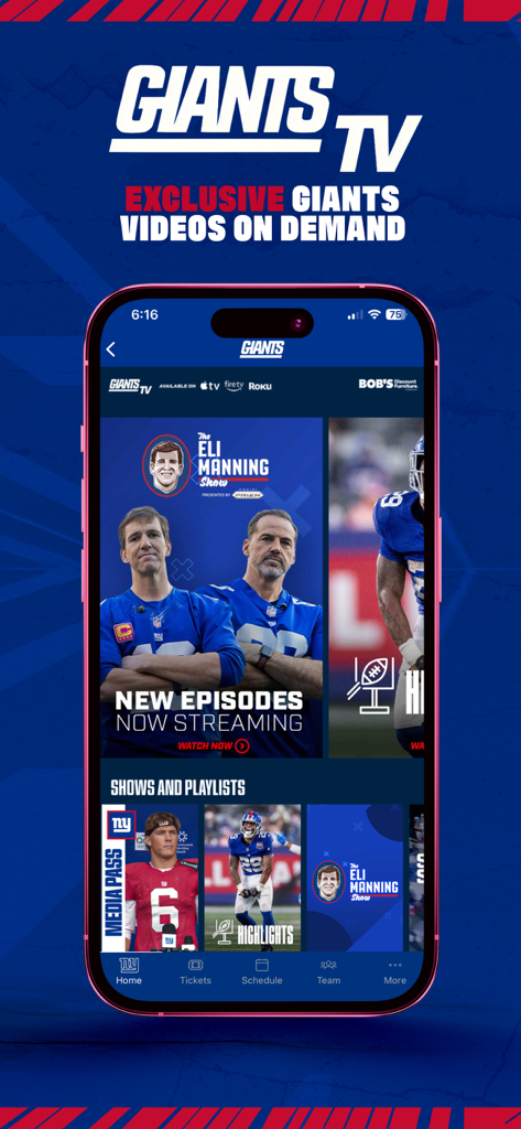 New York Giants app interface displaying GiantsTV exclusive on demand videos and show episodes