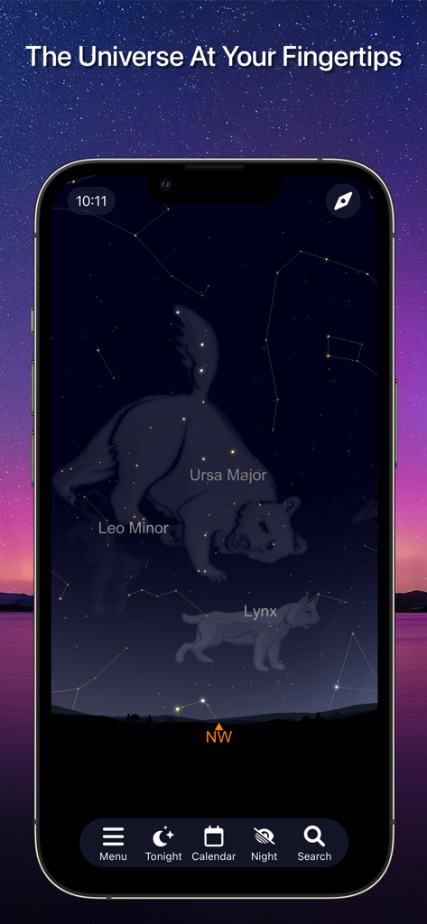 SkySafari - SkySafariアプリのインターフェース。星図に星座の北斗七星と小獅子座が表示されます。