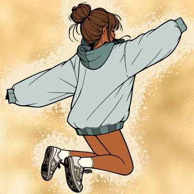 realistic girl jumping with a bun and oversized sweatshirt