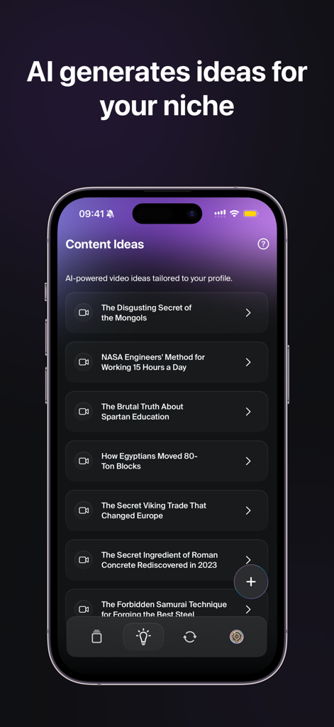Blow Up: Go Viral With AI - Interface de l'application Blow Up affichant une liste d'idées de contenu viral générées par IA pour différentes niches sur un smartphone.