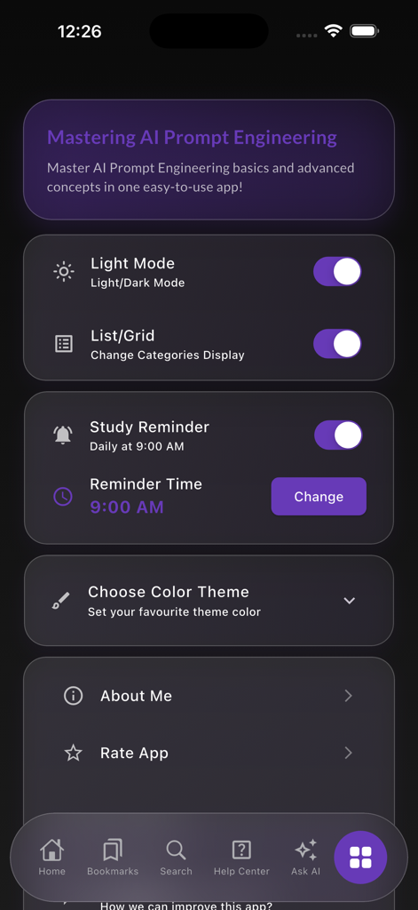 Learn AI Prompt Engineering - Interface showing settings for display modes and study reminders in the Learn AI Prompt Engineering app