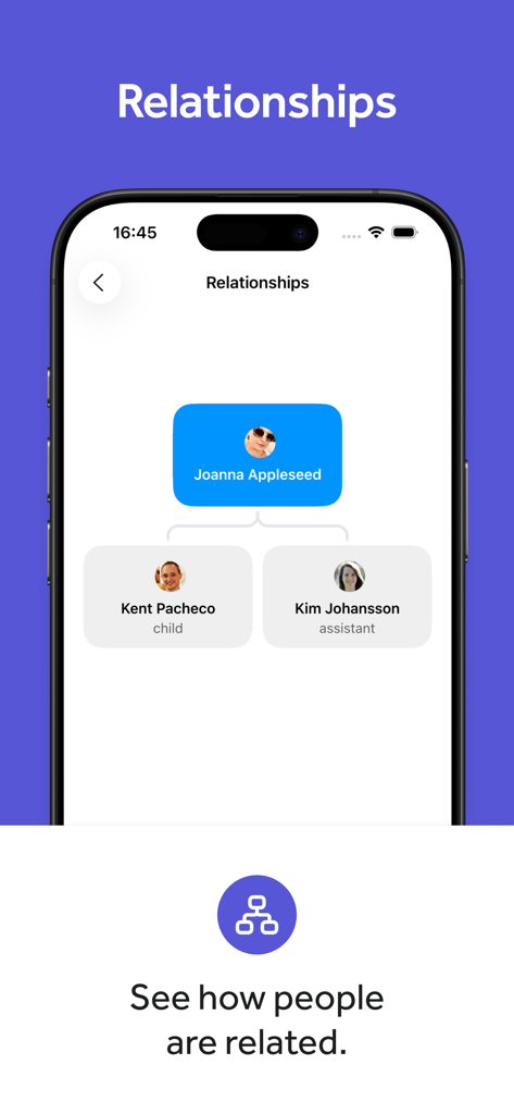 Interface of Cardhop Contacts app showing a visual map of relationships between personal and professional contacts.