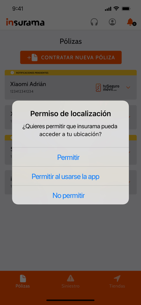 Insurama - Diálogo de solicitud de permiso de ubicación de la app Insurama en iPhone en español