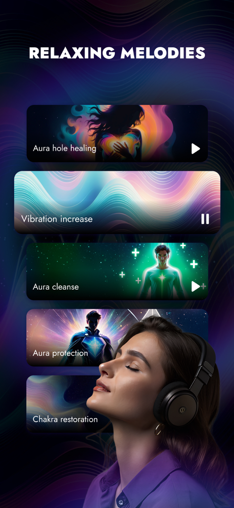A woman wearing headphones listening to relaxing melodies for aura healing and chakra restoration in the Aura and Energy app