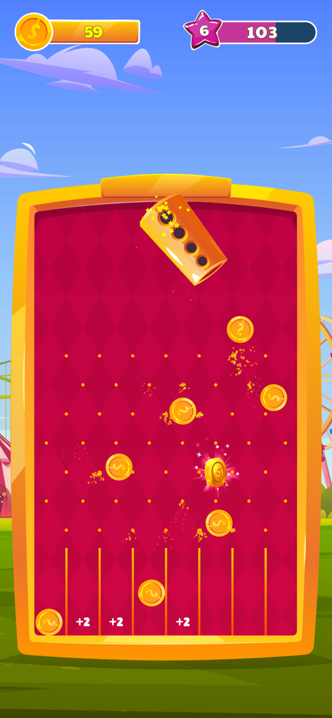 Coin Blast - Coin Blast mobile game interface showing gold coins falling through pegs on a red arcade board.