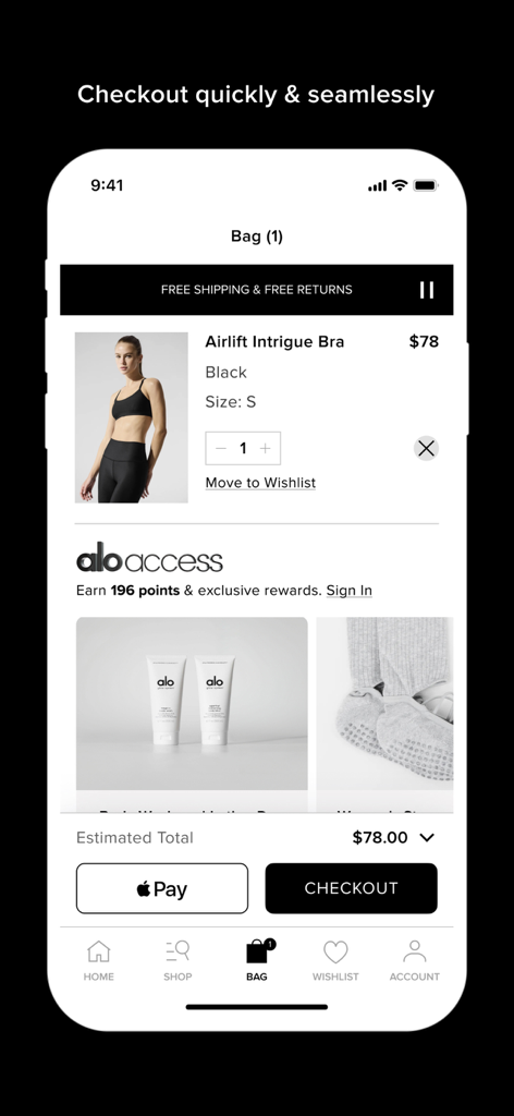 Schermata di checkout dell'app mobile ALO che mostra un reggiseno sportivo nero nella borsa e un pulsante Apple Pay