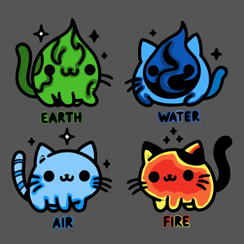 4 cats that represent the different elements, earth, water, air, and fire