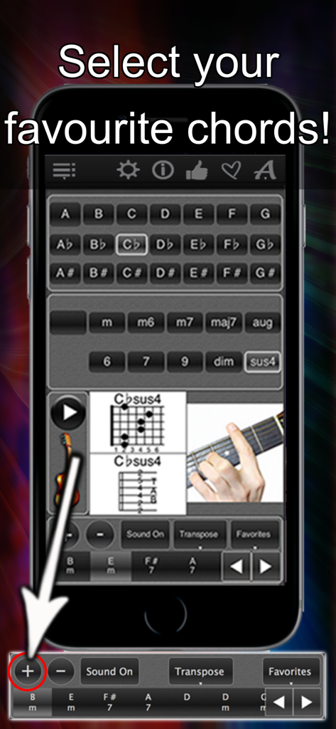 120 Guitar Chords - Interfaz de aplicación móvil que muestra la selección de acordes de guitarra con fotos y diagramas de posiciones de dedos
