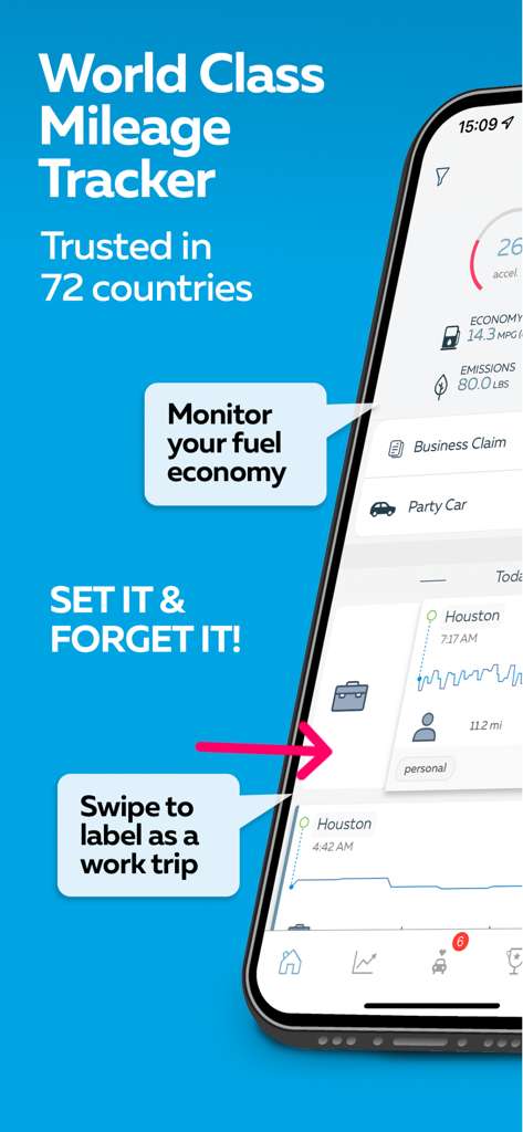 GOFAR All-in-1 Mileage Tracker - GOFAR app interface showing automatic mileage tracking and fuel economy monitoring