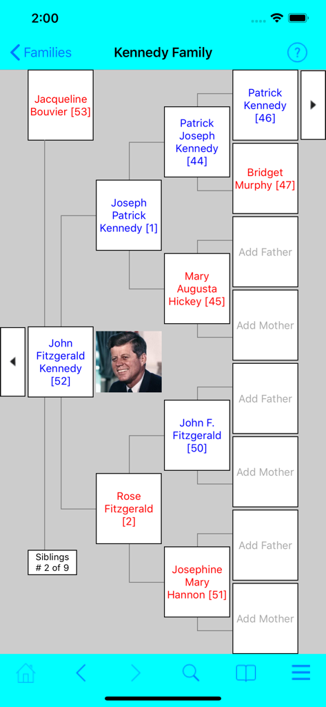 Families - Pedigree view of a family tree in the Families genealogy app showing ancestors and photos