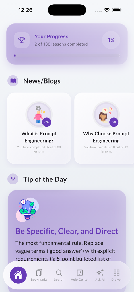 Learn AI Prompt Engineering - Mobile dashboard of the Learn AI Prompt Engineering app showing lesson progress, news modules, and a daily prompting tip.