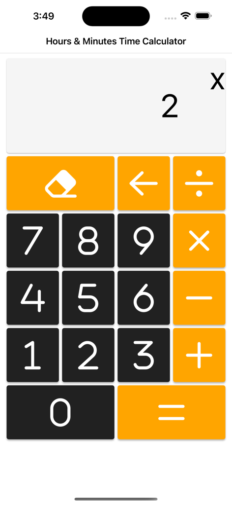 User interface of Hours Minutes Calculator Lite featuring a minimalist orange and black numeric keypad.