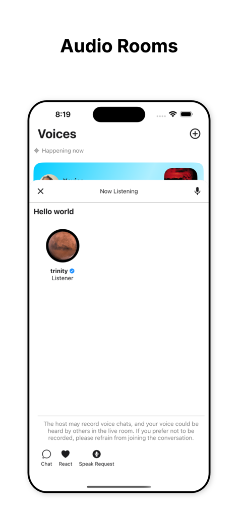 Trinity Social - Trinity Social mobile app interface showing the Audio Rooms feature with a listener profile and interaction buttons.