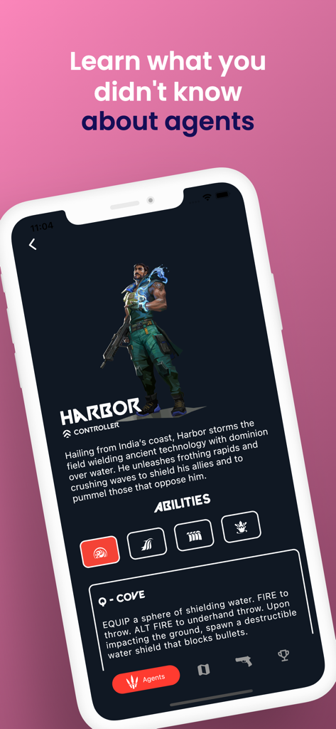 Handbook for Valorant - Mobile app screen showing Valorant agent Harbor with his abilities and description