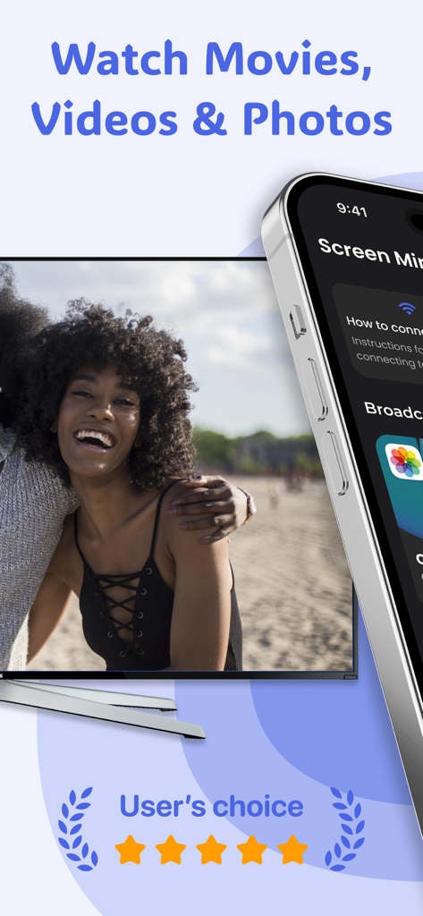 Screen Mirroring Pro App-Oberfläche zeigt ein Foto, das von einem iPhone auf einen Smart-TV-Bildschirm übertragen wird