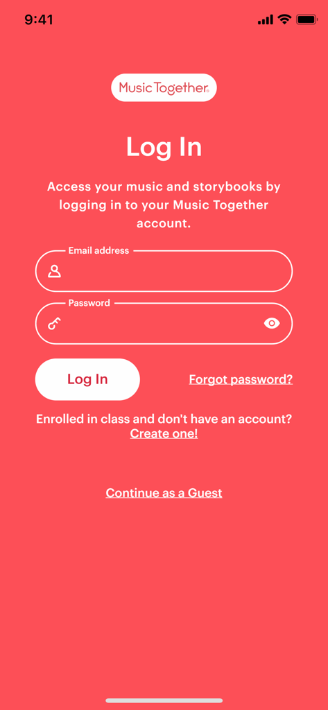 Login screen for the Music Together app with email and password input fields