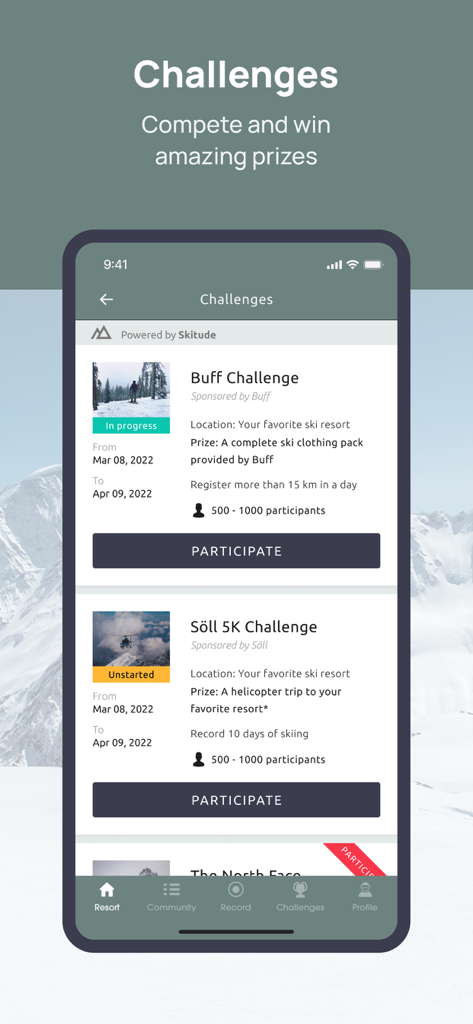 Interfaz de la aplicación Masella que muestra desafíos de esquí disponibles con premios y botones de participación