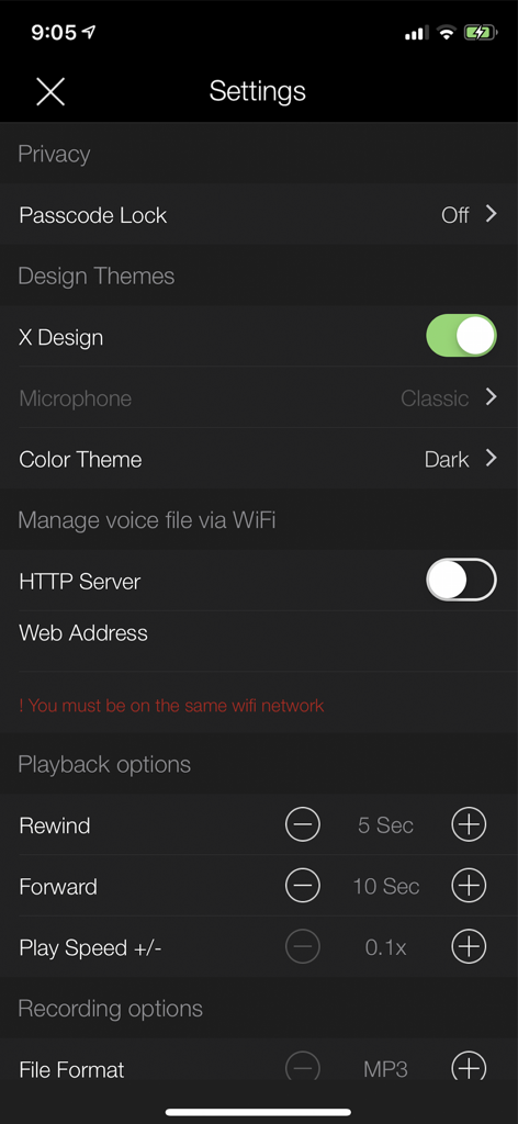 Awesome Voice Recorder PRO AVR - Settings screen of Awesome Voice Recorder PRO app showing options for recording formats, playback speed, and design themes.