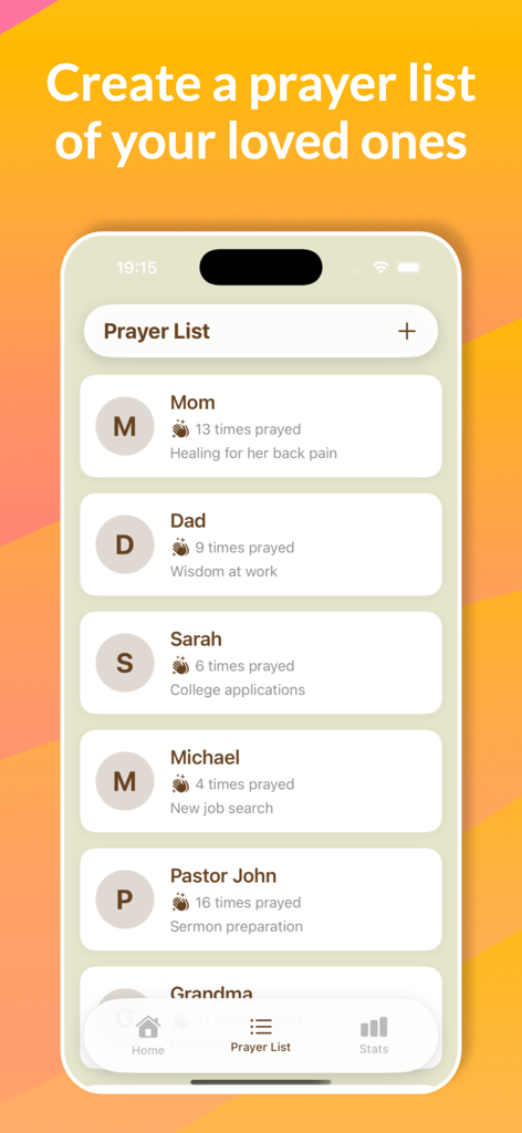 PrayLock app screenshot showing a prayer list for loved ones with specific requests and prayer counts.