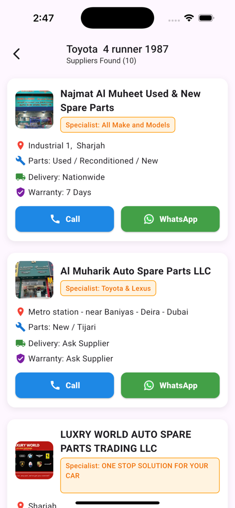 Uma lista de fornecedores de peças de reposição automóvel para uma Toyota 4Runner de 1987 na aplicação Partfinder.