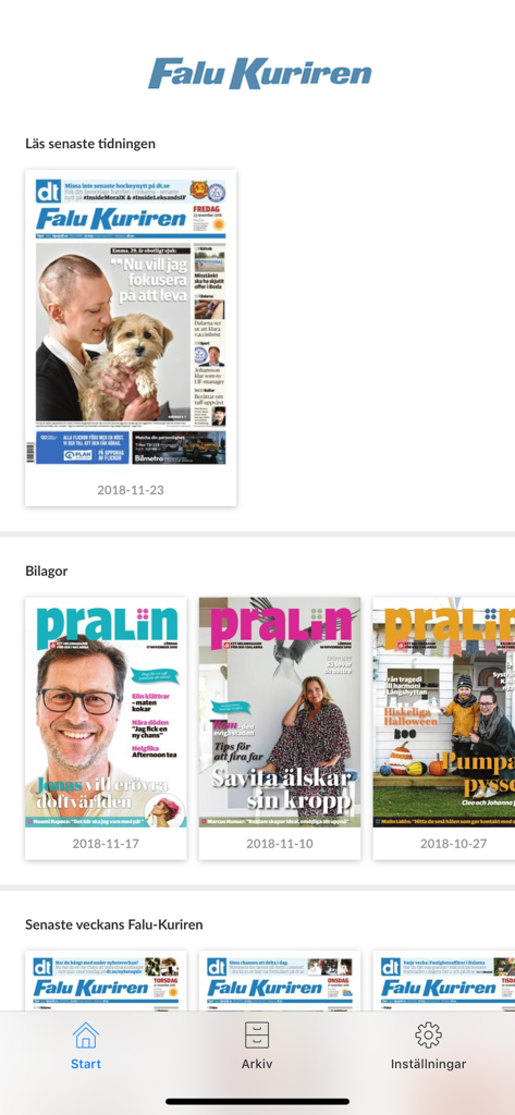 Falu Kuriren e-tidning app interface showing latest newspaper edition and lifestyle supplements