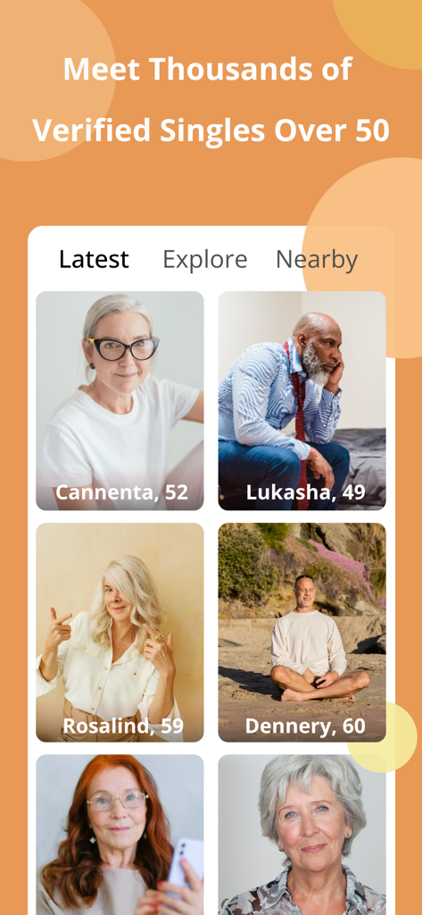 Family: Mature Dating & Chat - Una interfaz de aplicación móvil que muestra fotos de perfiles de solteros verificados de cincuenta años o más para citas maduras.