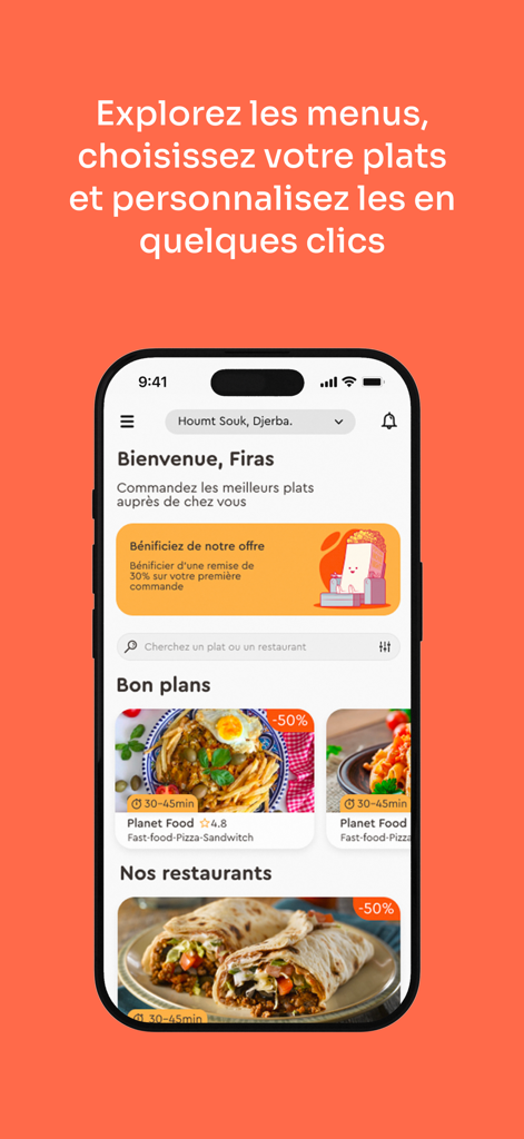 FlyFood - FlyFood mobile app interface showing restaurant menus and food delivery discounts