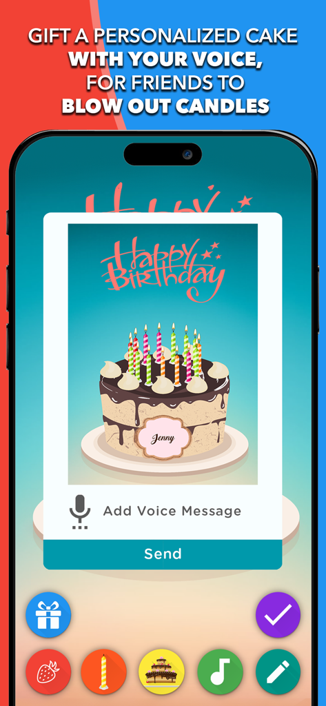 A smartphone interface showing a personalized digital birthday cake for Jenny with an option to add a voice message and send it to a friend.
