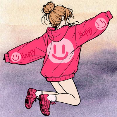 realistic girl jumping with a bun and oversized sweatshirt
