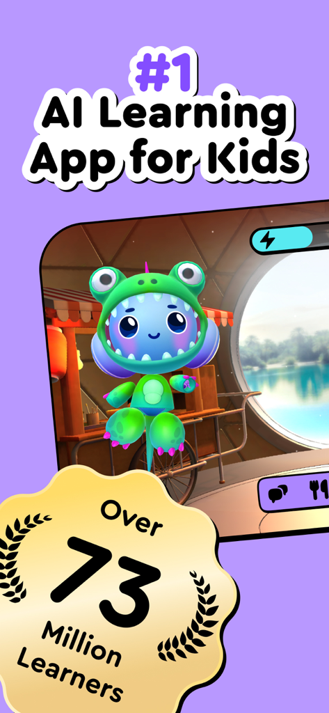 Buddy.ai app screenshot featuring a cute robot character and a badge celebrating over 73 million learners.