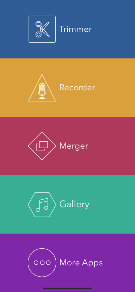 Menu principale dell'app Editor Audio che mostra le funzioni di trimmer, registratore e unione.