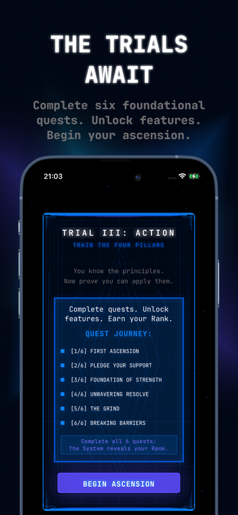 Ascend Gym Workout Tracker Log - Ascend app screen displaying the quest journey with six trials to unlock ranks