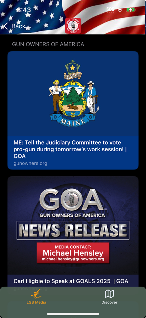 Feed de noticias de la aplicación Plinkr mostrando actualizaciones legislativas y comunicados de prensa de Gun Owners of America.
