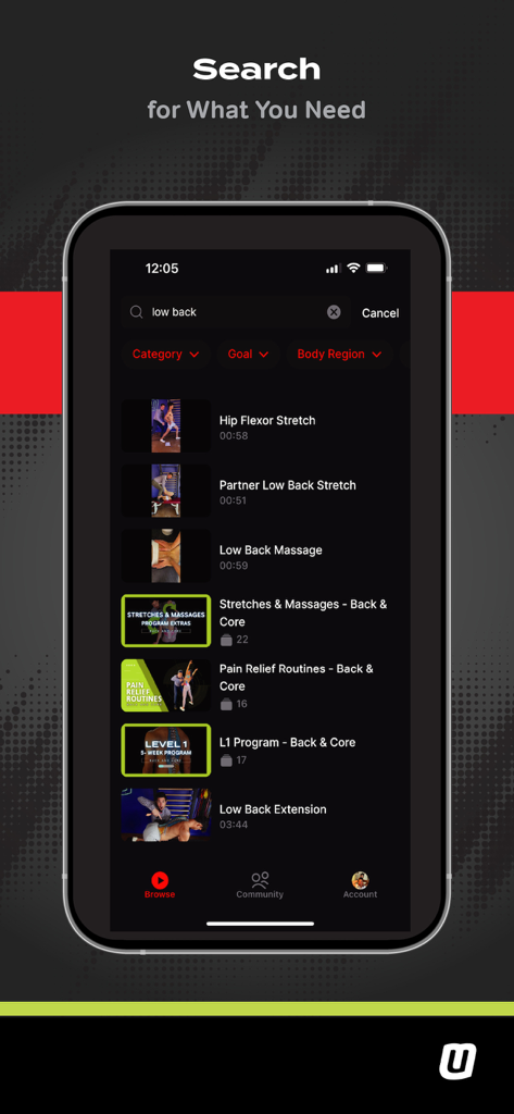 MoveU - The search screen of the MoveU app showing exercises and routines for lower back pain