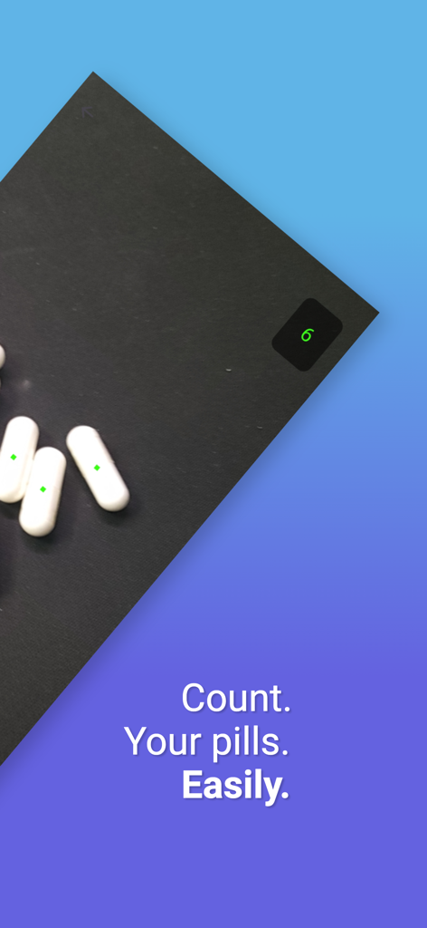 Pill Counter New - AI pill counter app interface displaying white capsules being counted on a dark background