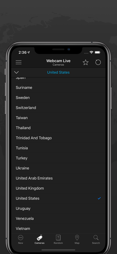 Web Cam Online IP - List of countries in the Web Cam Online IP app interface with United States selected