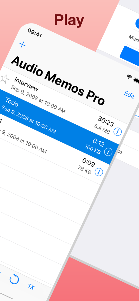 Audio Memos Pro - Audio Memos Pro app interface showing a list of recorded voice memos with file size and duration