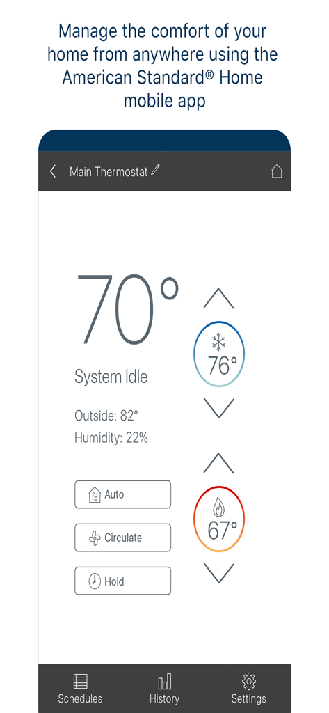 Trane® Home - A smartphone screen displaying the Trane Home app thermostat control interface with temperature settings and system status.