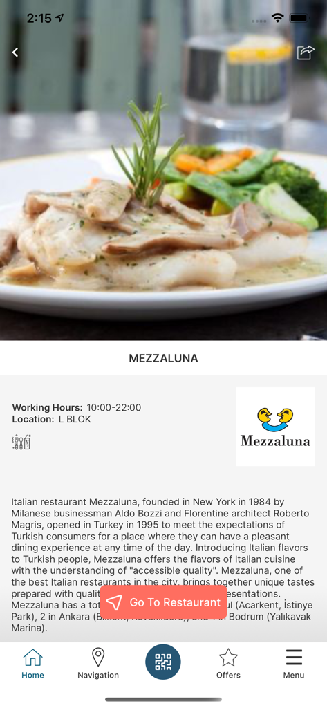 Screenshot dell'app Galataport Istanbul che mostra il profilo del ristorante Mezzaluna con fotografie di cibo e orari di apertura.