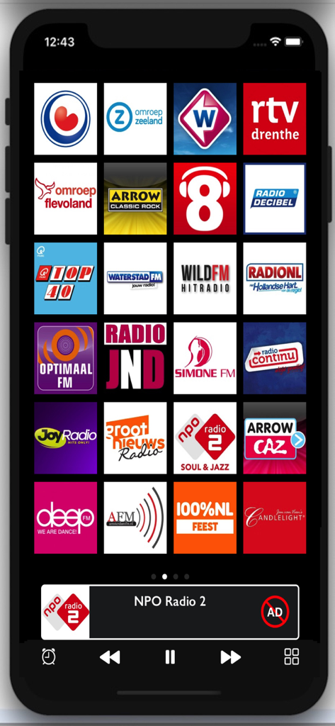 Radios Netherlands mobile app interface showing a grid of various Dutch radio station logos and a playback bar.