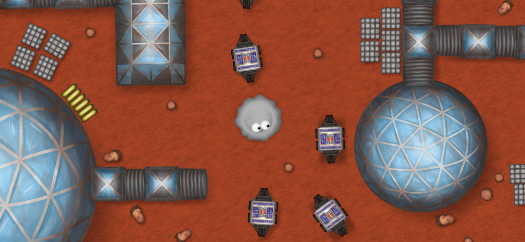 Un personaggio di melma grigia che esplora una base spaziale sulla superficie rossa di Marte.